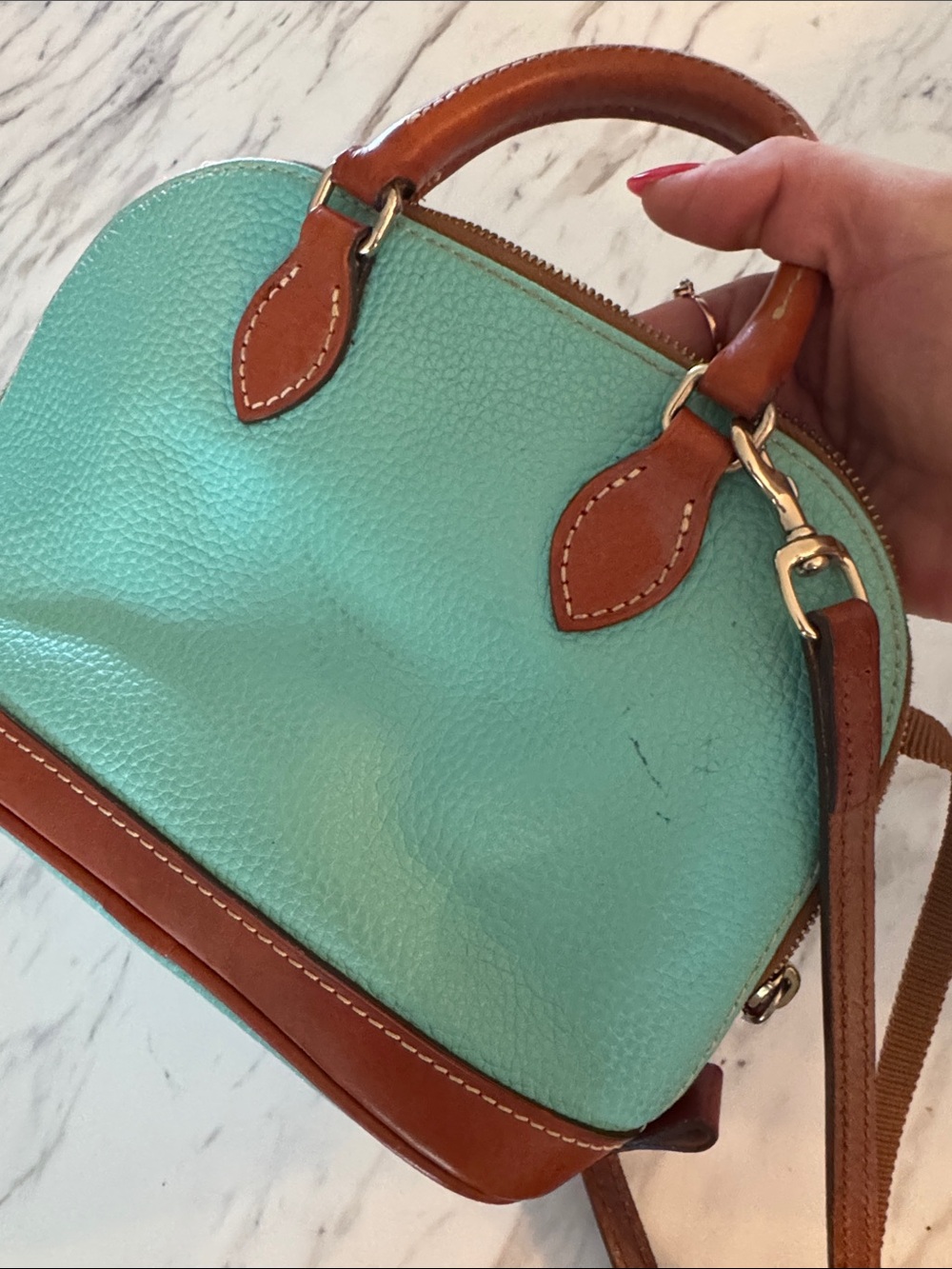 Dooney & Bourke Turquoise and Brown Pebble Leather Mini Satchel - Picture 5 of 9